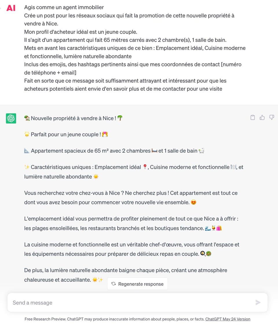 Utilisation de ChatGPT pour rédiger une annonce immobilière