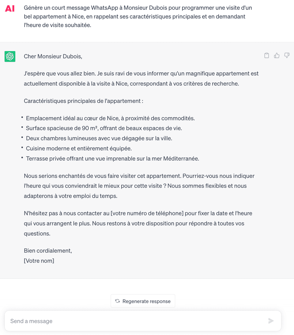Utilisation de ChatGPT pour rédiger un message immobilier