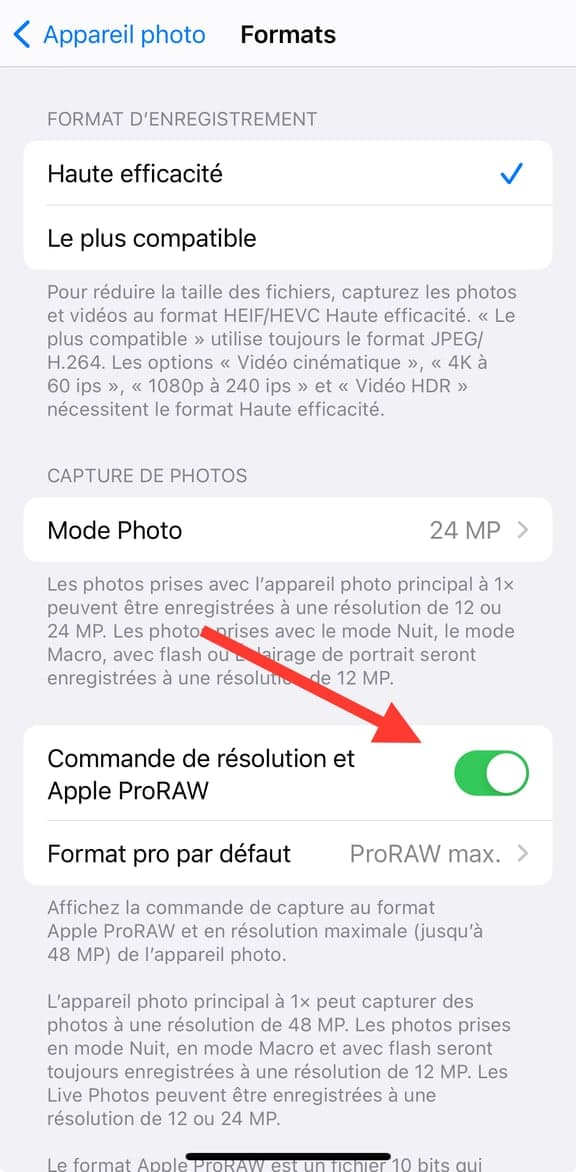 Réglages format RAW sur iPhone