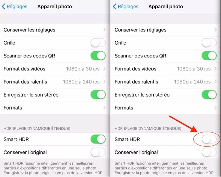 Désactiver Smart HDR dans les réglages iPhone