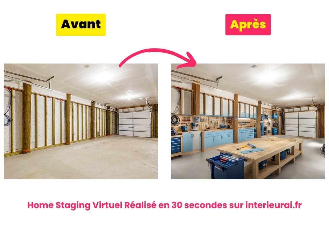 Home staging virtuel par IA - garage transformé