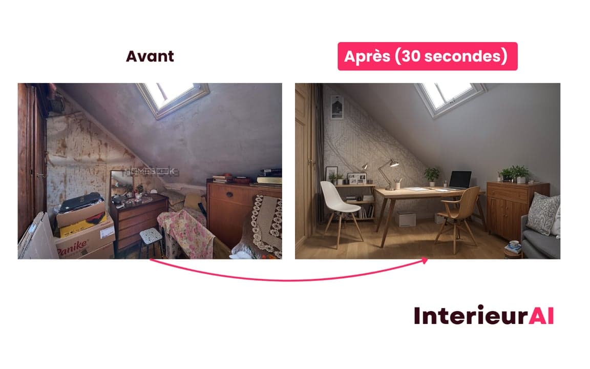 Pièce désencombrée et transformée en bureau par IA